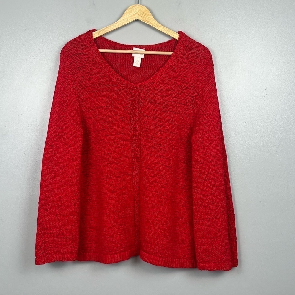 Chico’s red loose knit wide sleeve v-neck pullover sweater, 2 = large.